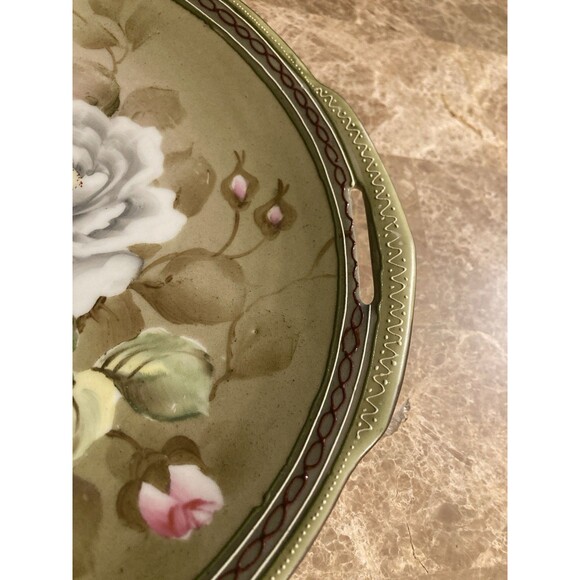 Nippon CORONATION WARE 2 Handle Plate Handpainted Flowers Pink White Japan 9” - Picture 4 of 9